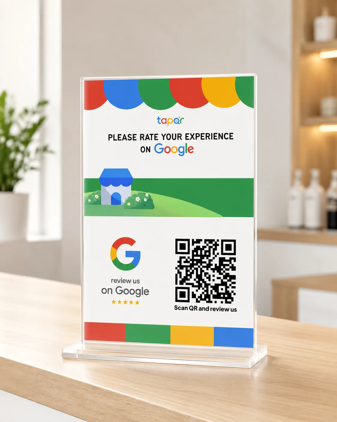 TapQR Google Review Card in a clear acrylic counter stand for businesses
