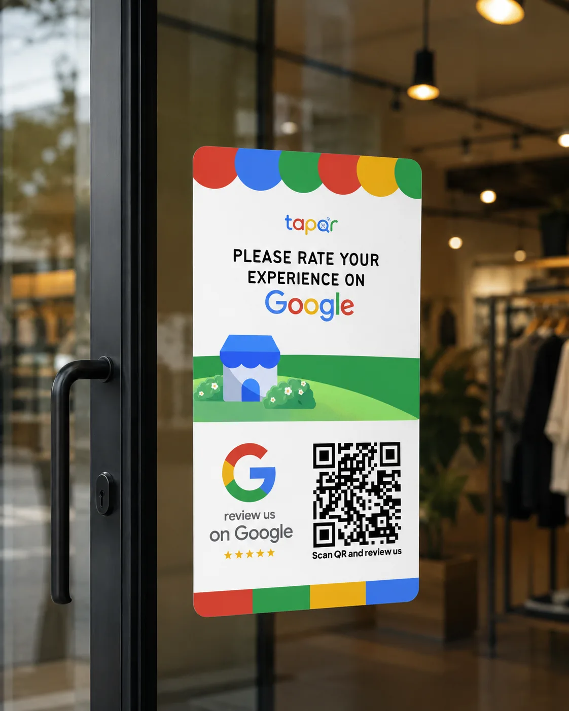 TapQR Google Review Card displayed on a glass entrance or exit door