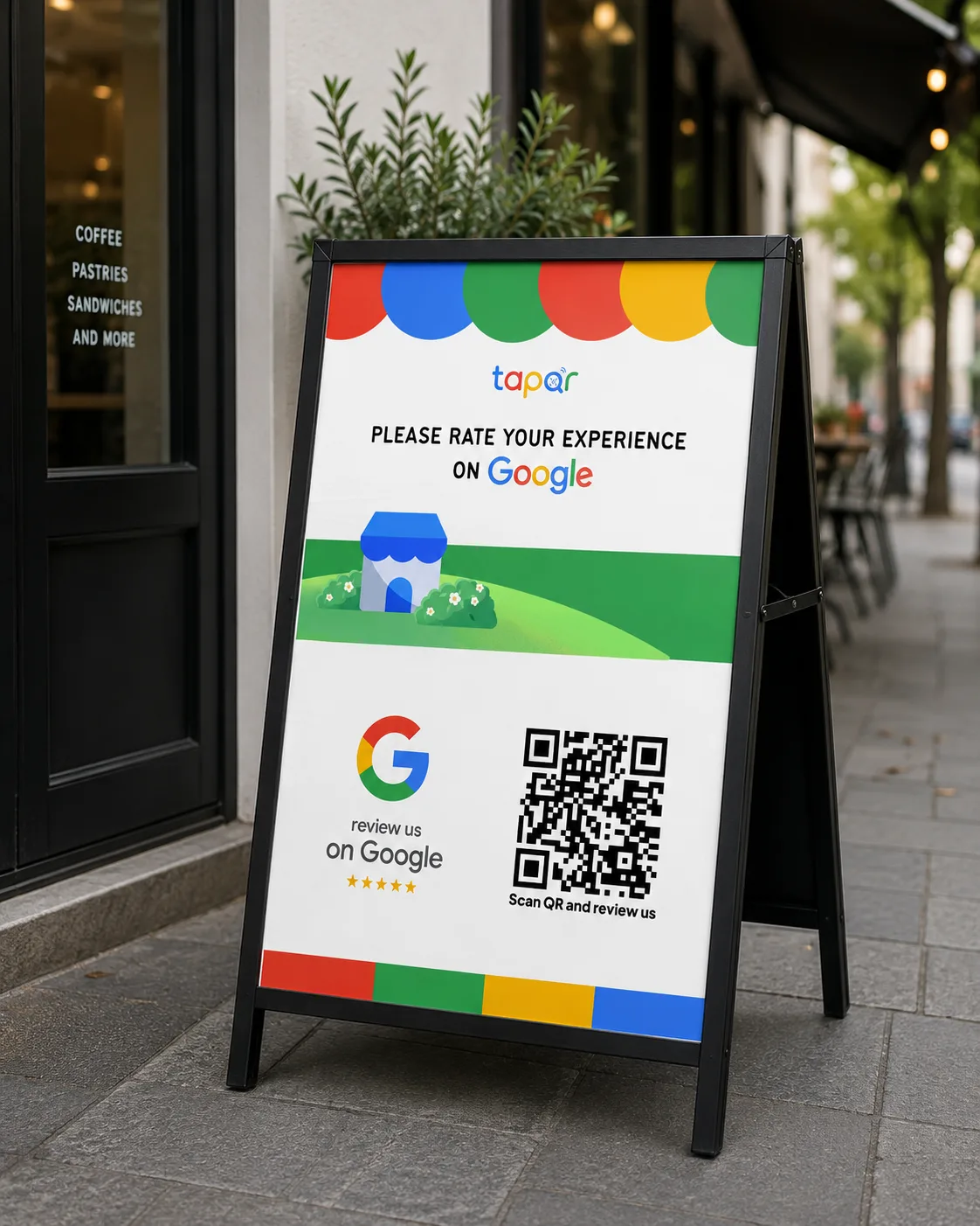 TapQR Google Review Card in an acrylic tabletop display stand