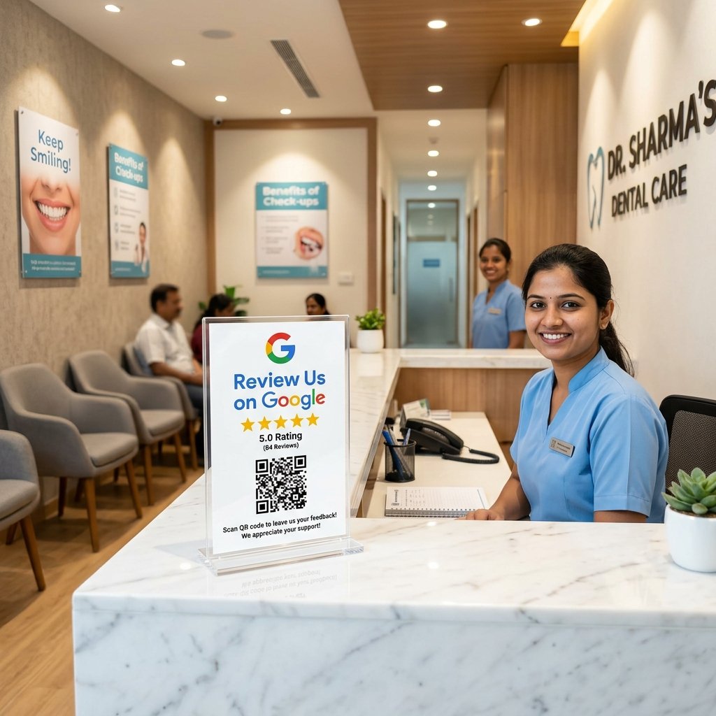 Professional acrylic QR stand for Noida dental clinics and orthodontic centres.